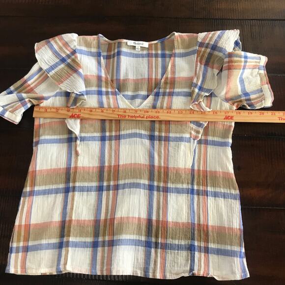 Madewell V Neck Shoulder Ruffle Top Blouse Shady Plaid Rusted Tin Small EUC - Picture 8 of 11